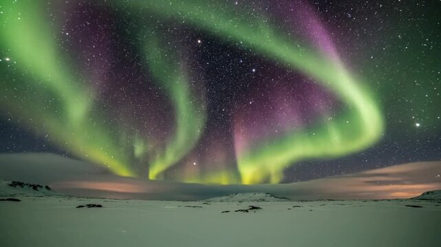 Vibrant green and purple northern lights over snowy Arctic coastal landscape.
