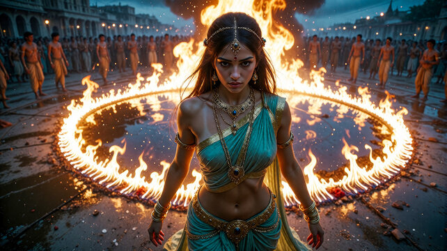 Indian Goddess Performing Agni Pariksha Amidst Sacred Fire Circle