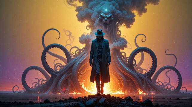 Noir Detective Facing Eldritch Horror Tentacle Creature