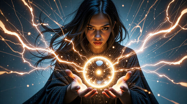 Mystical Sorceress Wielding Electric Energy Sphere