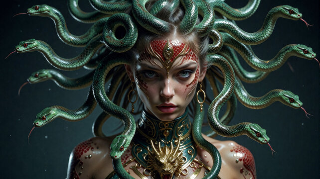 Medusa Portrait with Intricate Snake Hair and Ornate Golden Accents