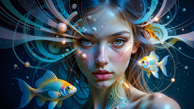 Surreal Celestial Portrait with Golden Fish
