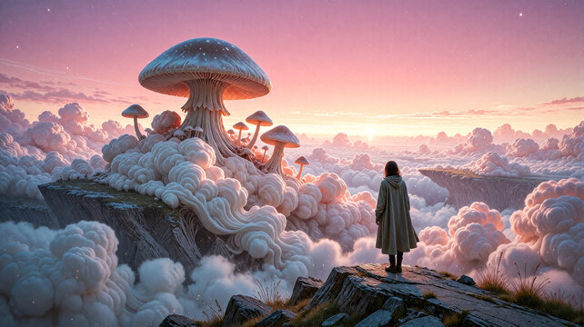 Surreal Dreamscape with Giant Fungi Floating Above Clouds