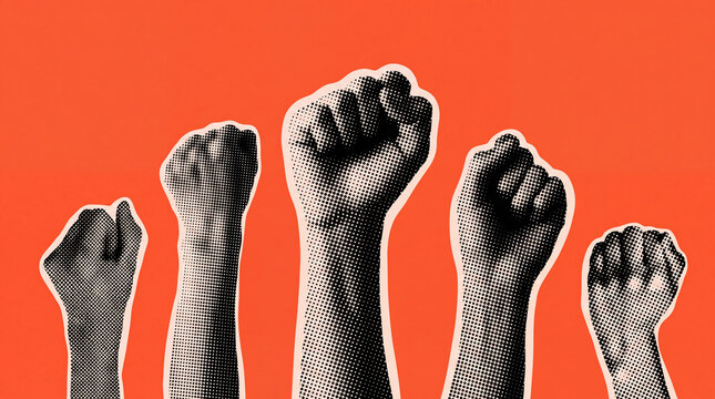 Multiple raised fists in a graphic, halftone style against a vibrant orange background symbolize protest, unity, and solidarity.