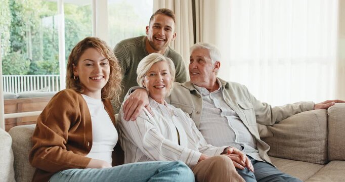 Happy, relax and face of family on sofa in home for bonding, connection or weekend break together. Smile, people and portrait of adult children with senior parents in living room in apartment.