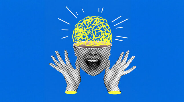 Surreal collage art of a head filled with tangled spaghetti, with hands reaching out and a surprised expression.