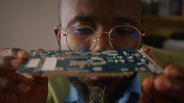African American man wearing glasses inspecting computer graphics card in extreme close up and rack focus. Footage is perfect for IT support, hardware repair, and tech education ads