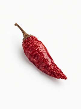 Dried red chili pepper on white background. Spicy organic cayenne pod with wrinkled texture. Hot piri piri seasoning for culinary design.