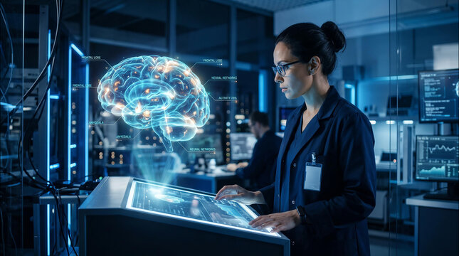 Scientist analyzing AI brain hologram. Researcher working with digital neural network data.