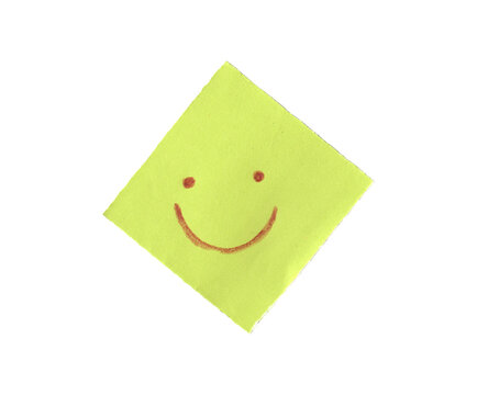 Hand Drawn Smiley Face On Diamond Tilted Yellow Sticky Note Isolated PNG