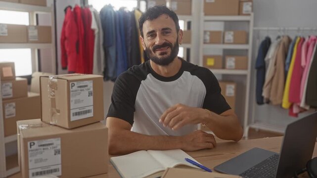 Man smiles with hand resting on table beside stacked shipping boxes, open notebook and laptop in a packing studio; entrepreneurial confidence.