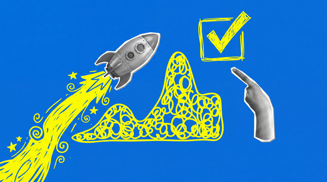 A silver rocket blasts off with a yellow trail, moving towards a chaotic graph and a checkmark in a box.