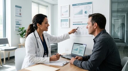Fototapeta premium Doctor And Patient Discussing Wellness Strategy And Health Journey In Clinic