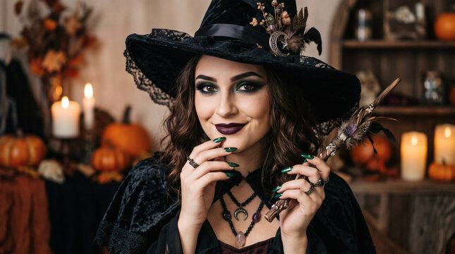 Witch wearing a black hat holds a magic wand while standing in a dimly lit room filled with candles and pumpkins for the autumn holiday.