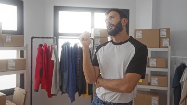 Man with beard holds pen near chin and crosses his arm, inspecting clothing rack and stacked shipping boxes in a building; inventory planning thoughtful.