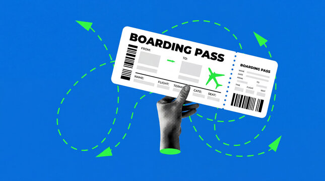 A hand holds a boarding pass with a green airplane graphic, against a blue background with dotted travel arrows.