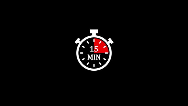 15 minute timer vector icon symbol for countdown clock stopwatch for quick time management schedule isolated on black background.