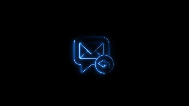 Glowing blue neon email reply speech bubble icon vector symbol with reply arrow for message feedback communication social media element isolated on black background.