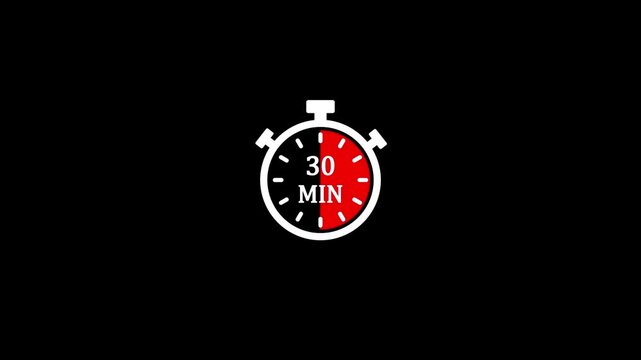 30 minute timer vector icon symbol for countdown clock stopwatch for quick time management schedule pomodoro productivity half hour isolated on black background.