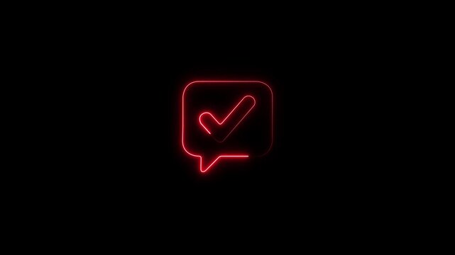 Glowing neon chat message speech bubble icon vector symbol with checkmark for approved feedback verified comment online communication social media element isolated on black background.