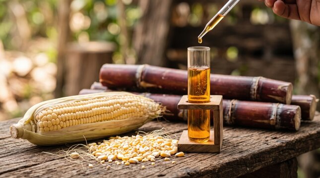Biofuel and alternative energy production concept with corn and sugarcane extract in laboratory