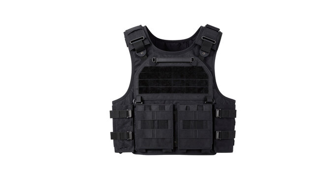 Black tactical vest isolated on a clean white background for military and security equipment concepts