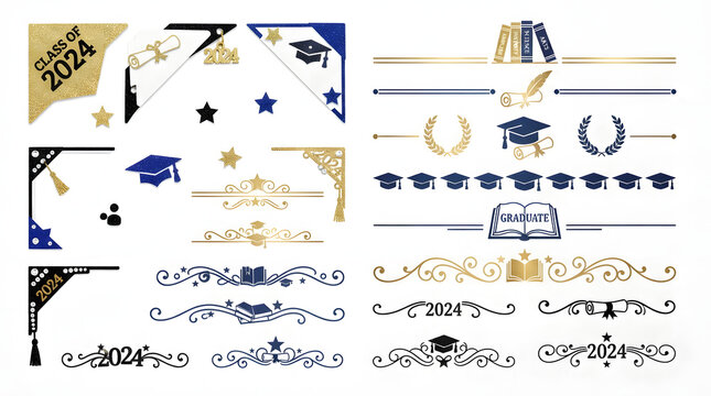 Graduation 2024 decorative elements. Academic cap corners and borders for school designs.