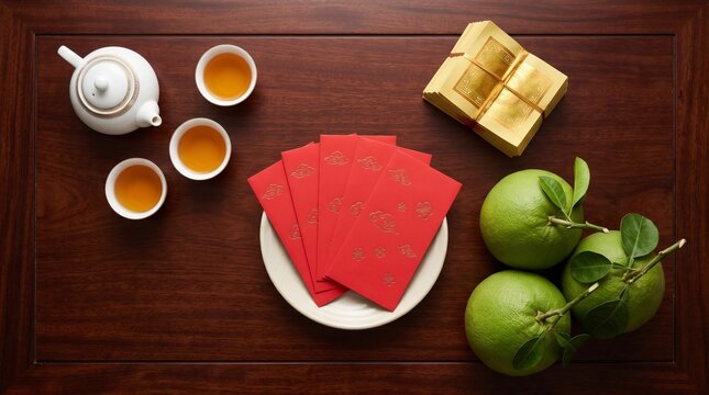 Flat lay of Lunar New Year altar offerings, Red envelopes and porcelain tea set, Traditional joss paper with pomelo fruit, Top down festive mockup background