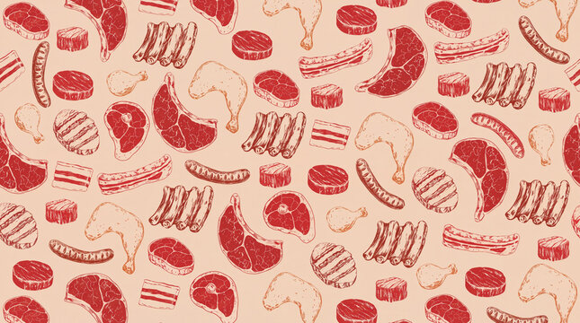 A vintage-style, seamless pattern featuring a variety of raw meat cuts including steaks, ribs, chicken legs, and sausages on a beige background.
