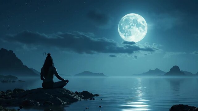A serene scene of a person meditating by a lake under the full moon, evoking themes of spirituality, peace, Hindu culture and nature&rsquo;s tranquility in an ethereal night landscape.