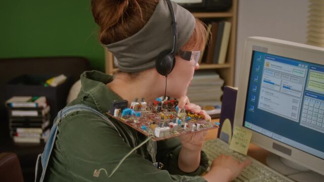 Caucasian young adult woman wearing safety glasses and headphones inspecting vintage circuit board. Clip suitable for retro technology documentaries or hardware repair service commercials