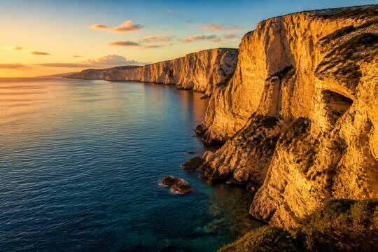 Golden sea cliffs illuminated at sunset along coastal shore