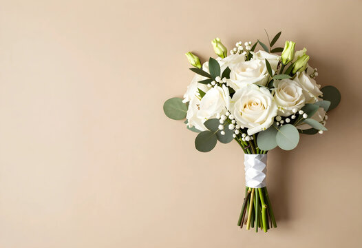 White rose wedding bouquet with eucalyptus and babys breath on a neutral beige background, top view with copy space