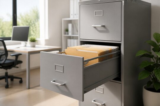 Open metal filing cabinet drawer in modern office workspace