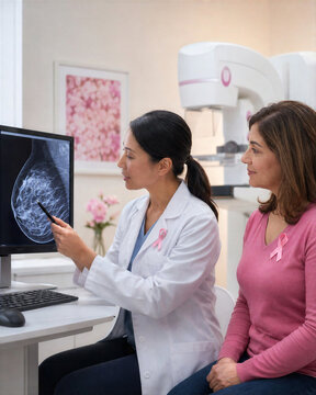Doctor explaining a mammography image to a female patient during a breast cancer screening consultation