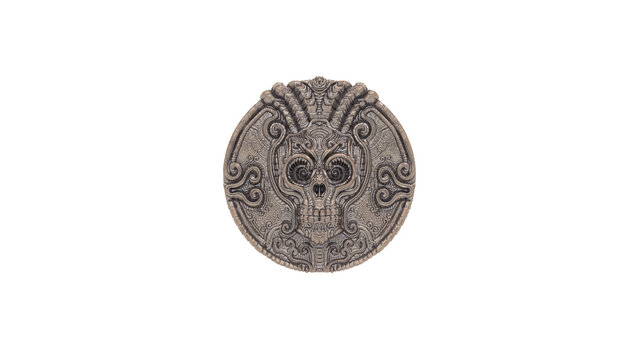 Old Bronze Skull Coin Ornate Medallion Aged Brass Isolated 3D Illustration