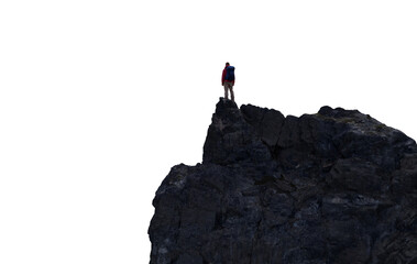 Fototapeta premium Hiker Standing on Rocky Cliff Edge With Backpack Over White Background, Adventure and Solitude