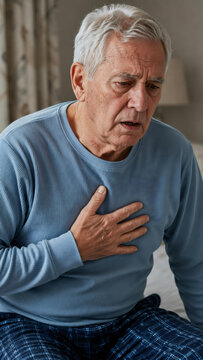 Senior man suffering from respiratory health issue holding his chest. Patient feeling pain and lung discomfort at home. Concept of chronic breathlessness, asthma attack, and COPD illness.