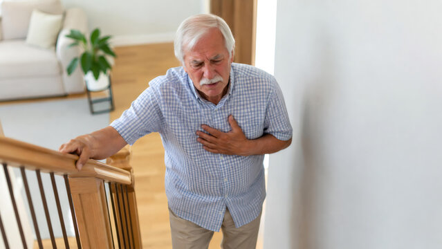 Elderly man clutching chest while climbing stairs at home. Mature male experiencing shortness of breath and heart pain. Pulmonary respiratory difficulty and medical emergency concept.