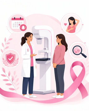 Doctor consulting a woman beside a mammography machine in a Breast Cancer Awareness Month screening illustration