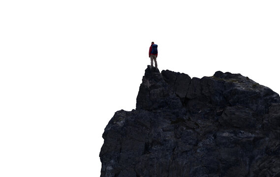 Hiker Standing on Rocky Cliff Edge With Backpack Over White Background, Adventure and Solitude
