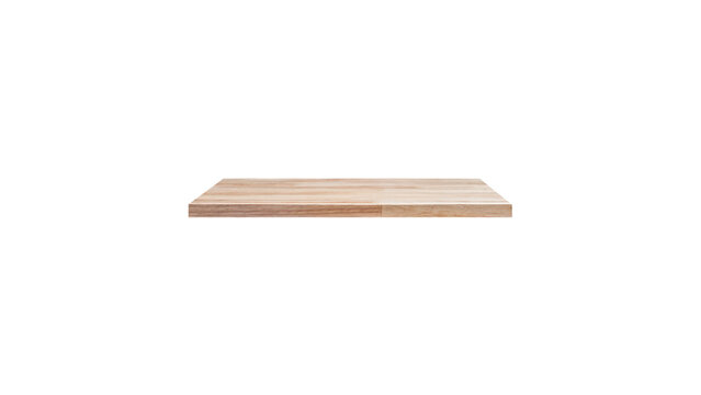 Wooden shelf isolated on white background. Empty wood tabletop for product display and mockup.