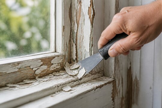 Hand scraping peeling paint from wooden window frame