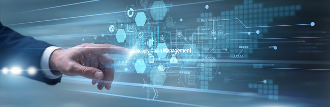Logistics manager quickly touching smart tablet tracking Supply Chain Management operations over the global network system. Executive monitoring cargo shipments and inventory workflows.