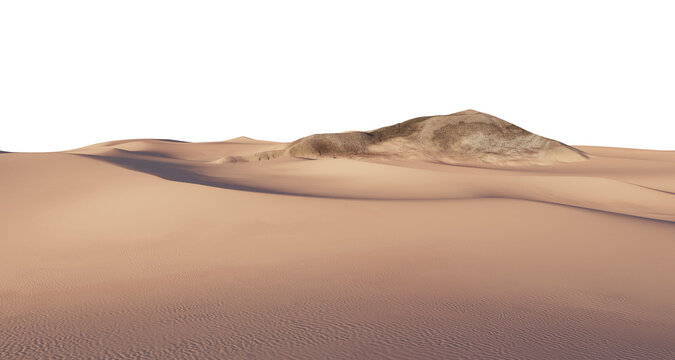 Desert Sand Dunes Landscape With Rocky Hill Minimalist Empty Arid Scene 3D Rendering Cutout