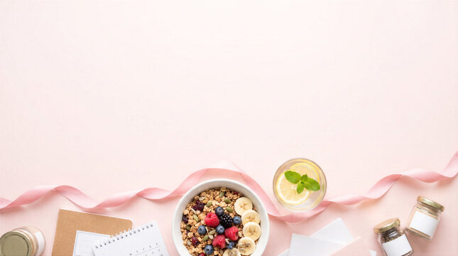 Healthy breakfast and wellness planning flat lay for Breast Cancer Awareness Month with wide pink copy space