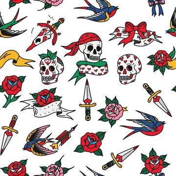 Seamless Traditional Tattoo Flash Pattern with Skulls Roses Daggers and Swallows