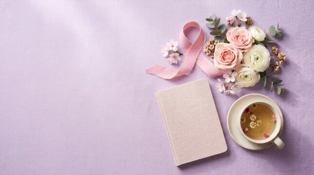 Pink ribbon, blank notebook, herbal tea and flowers on lavender background for Breast Cancer Awareness Month planning