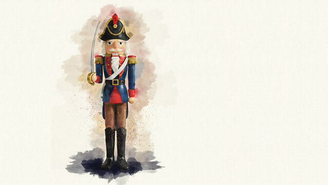 A watercolor painting of a nutcracker soldier holding a sword isolated on a transparent background