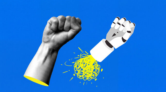 A grayscale human fist confronts a robotic arm that is releasing yellow tangled strings, symbolizing a conflict.